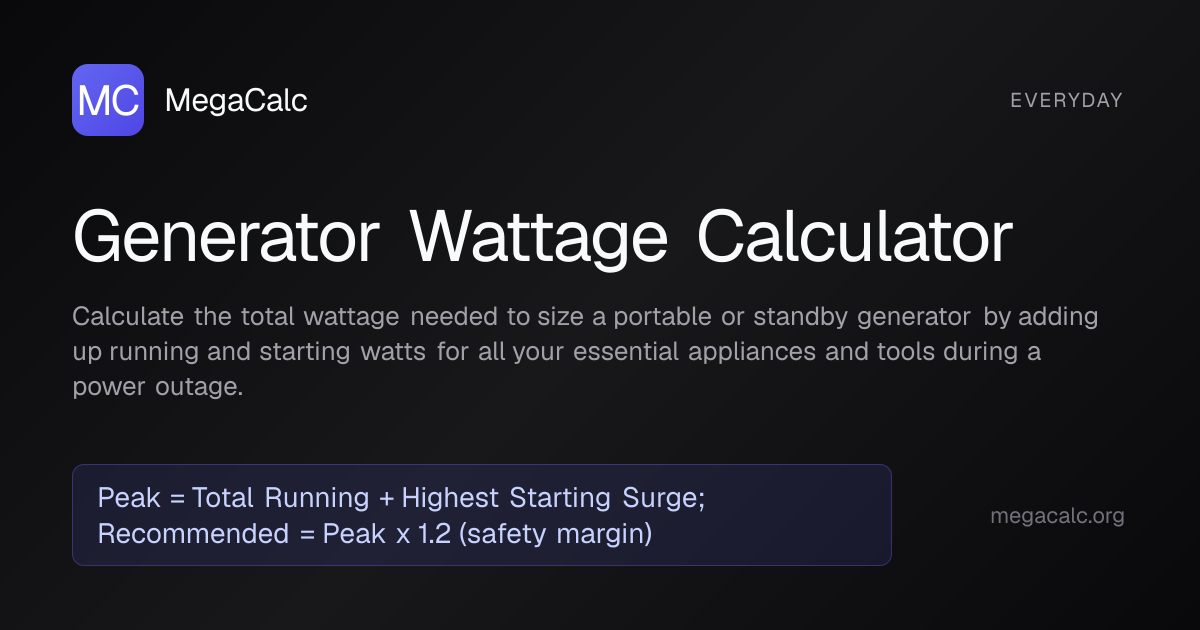 Generator Wattage Calculator — Free with Formula | MegaCalc
